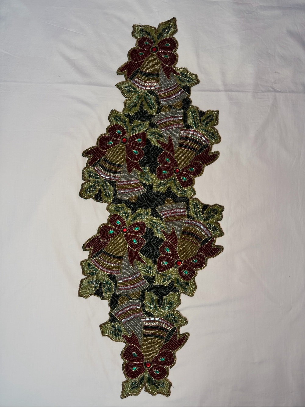 Beautiful Green, Red, and Gold Beaded Holiday Table Runner. Christmas. Handmade